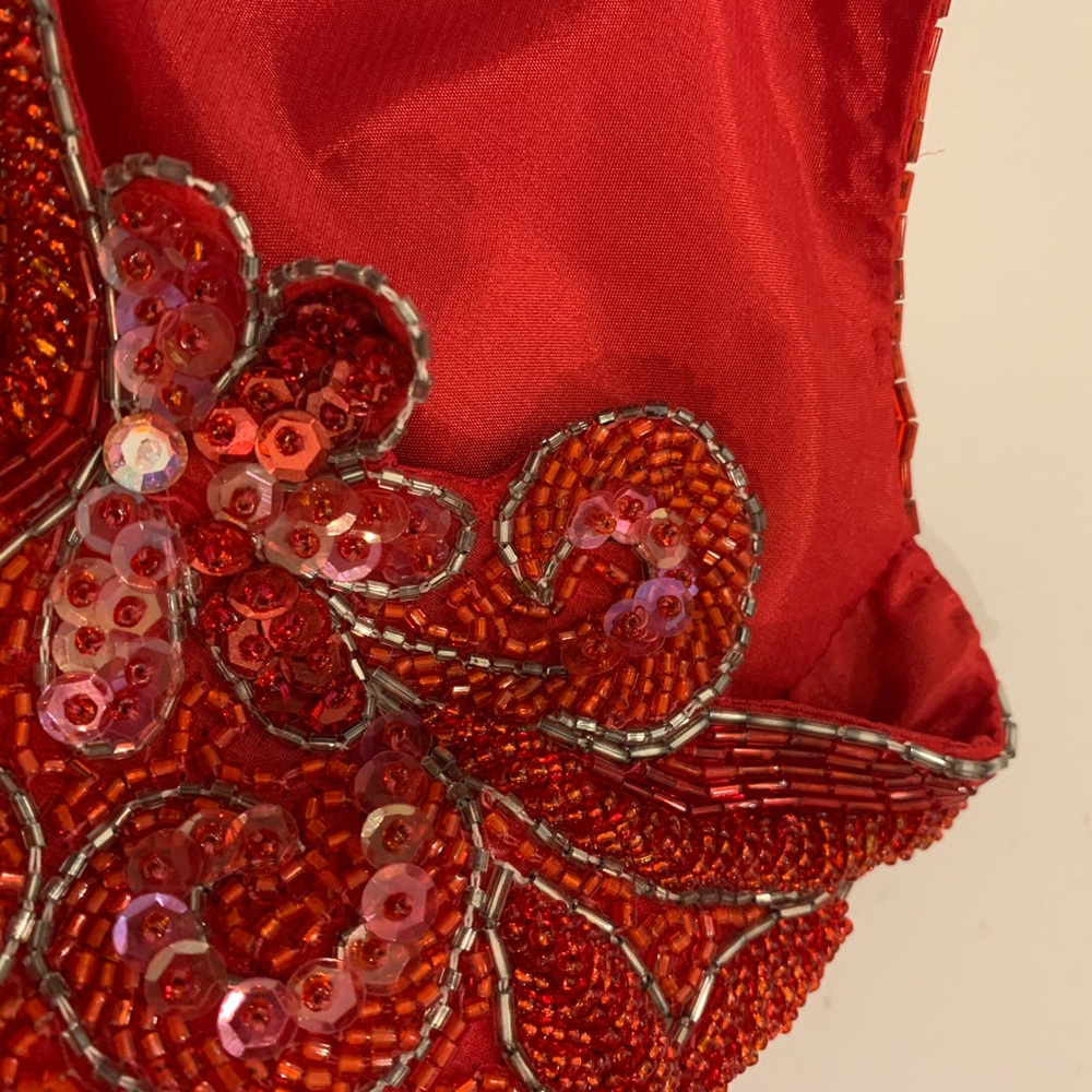 Vintage Red Silk Beaded Gown Intricate Platinum Fringe Short Sleeve Size 14. - Picture 10 of 16